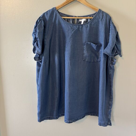Lauren Conrad Chambray Top Blue Short Sleeves Shirt Womens Sz 3X - Picture 1 of 9